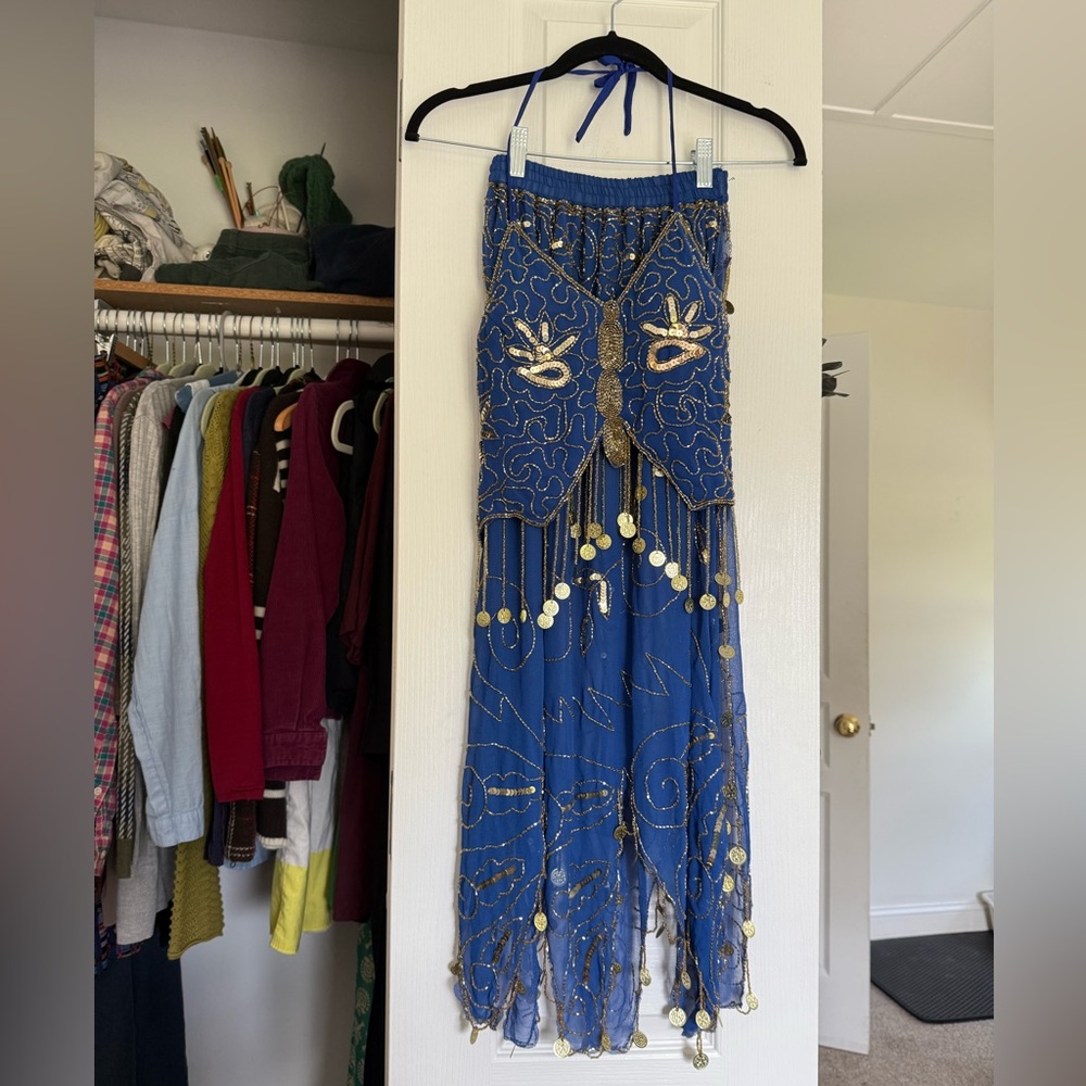 Blue and Gold Embellished Top&Skirt Set